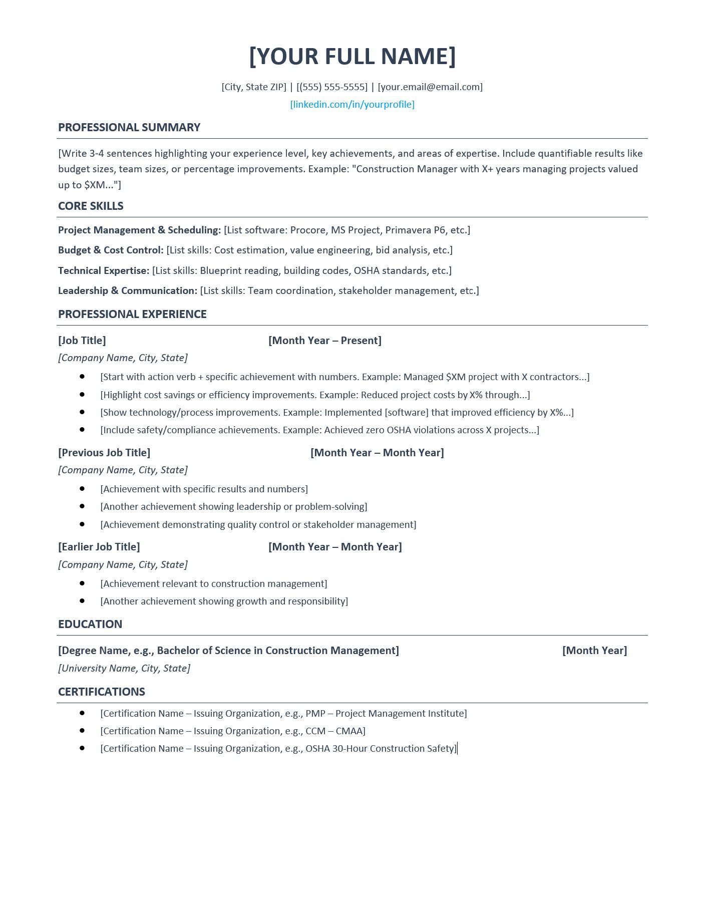 Free Construction Manager Resume Template 2025 ATS Examples & Writing