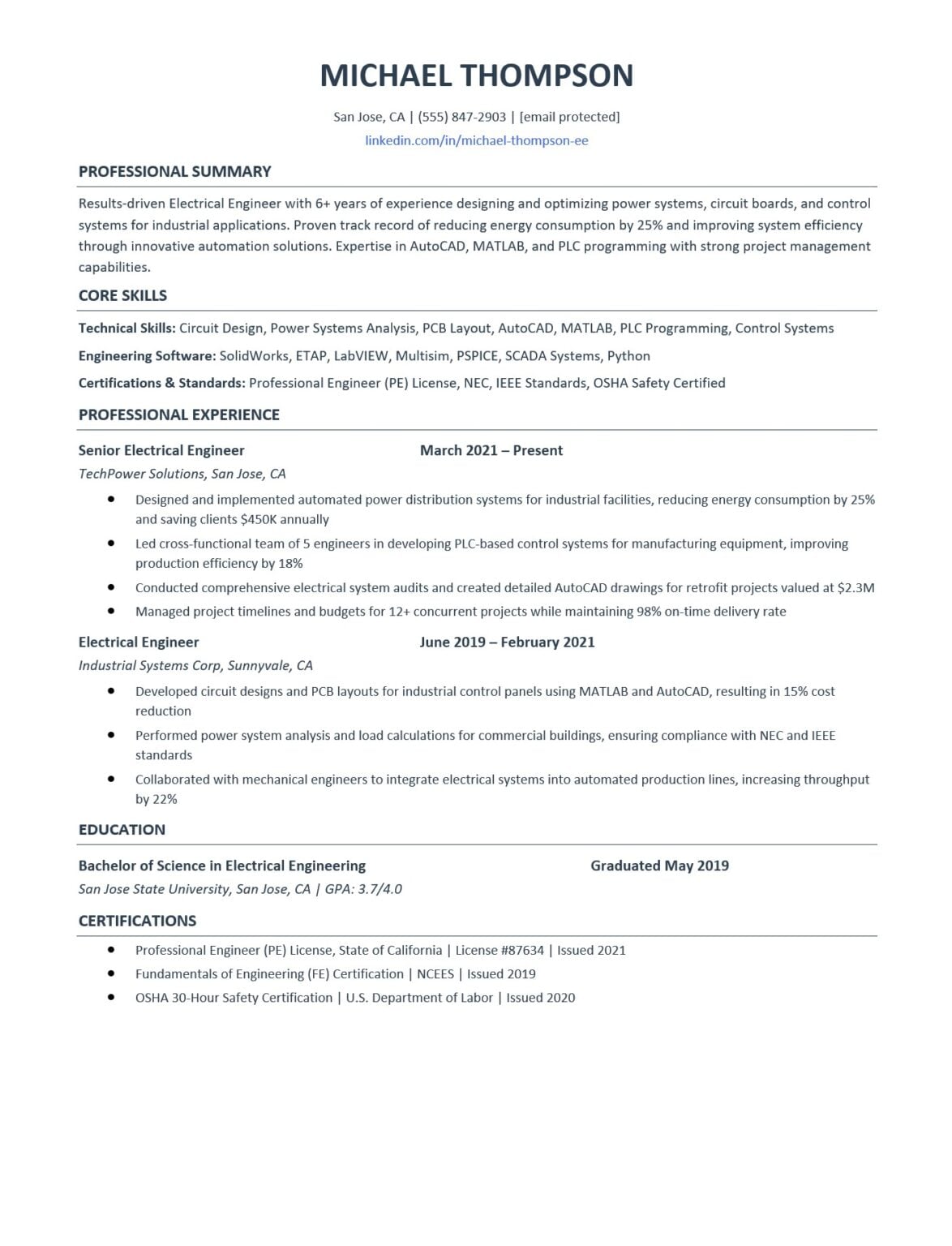 Free Electrical Engineer Resume Template 2025: Download ATS-Friendly ...