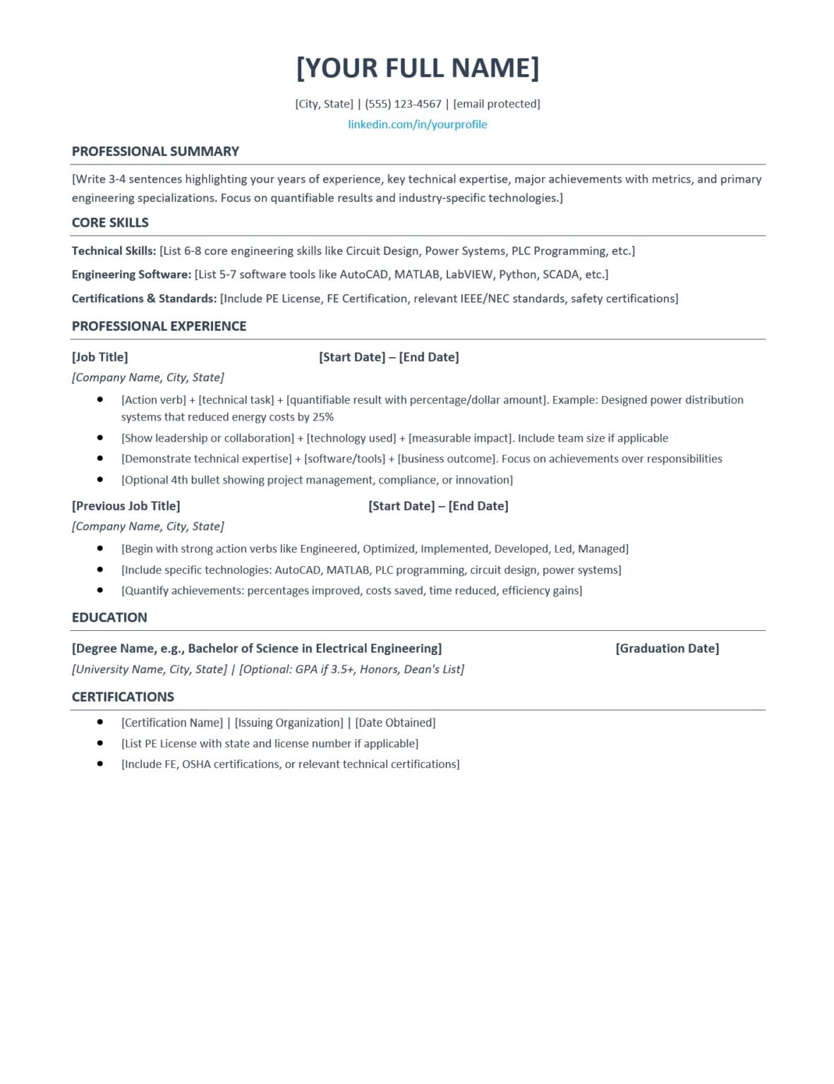 Free Electrical Engineer Resume Template 2025: Download ATS-Friendly ...