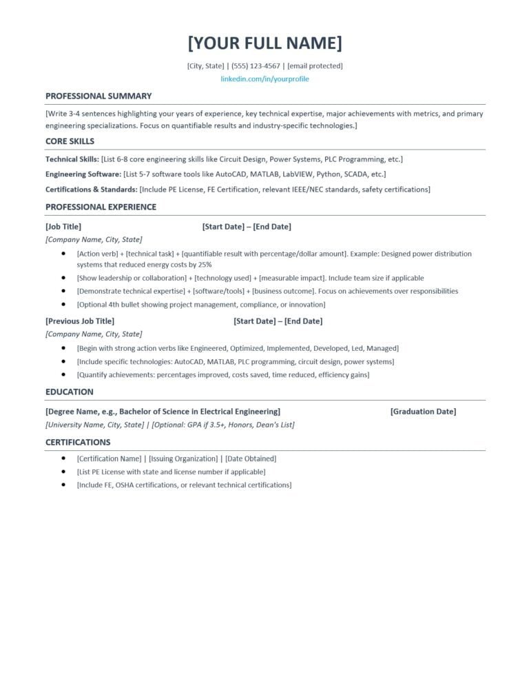 Free Electrical Engineer Resume Template 2025: Download ATS-Friendly ...