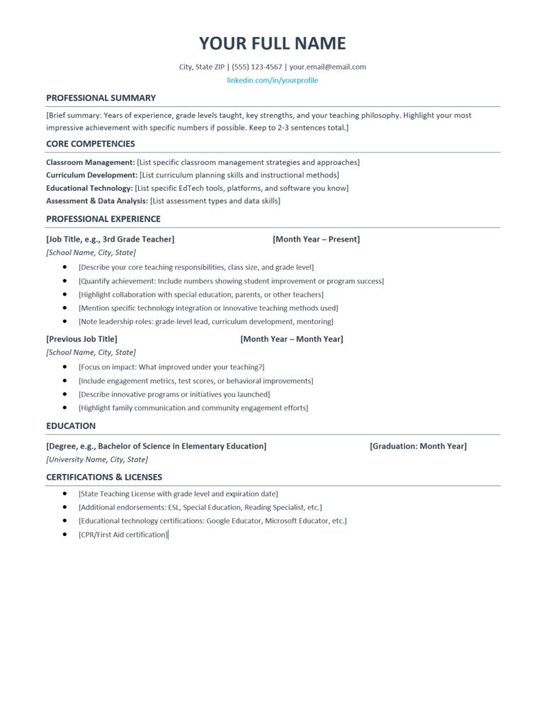 Free Elementary School Teacher Resume Template 2026: ATS Examples ...