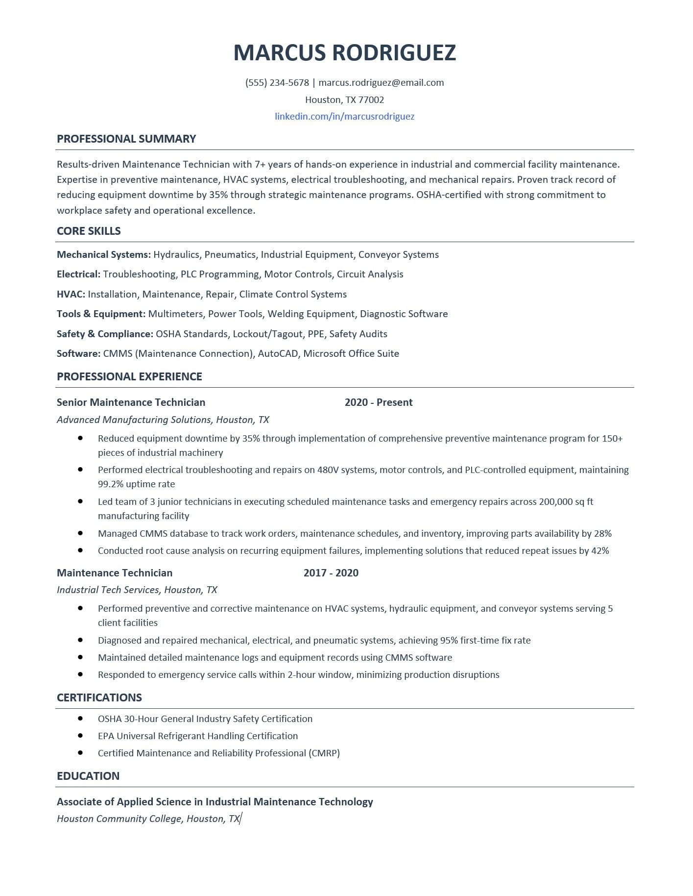 Free Maintenance Technician Resume Template: Examples & 2025 ATS ...