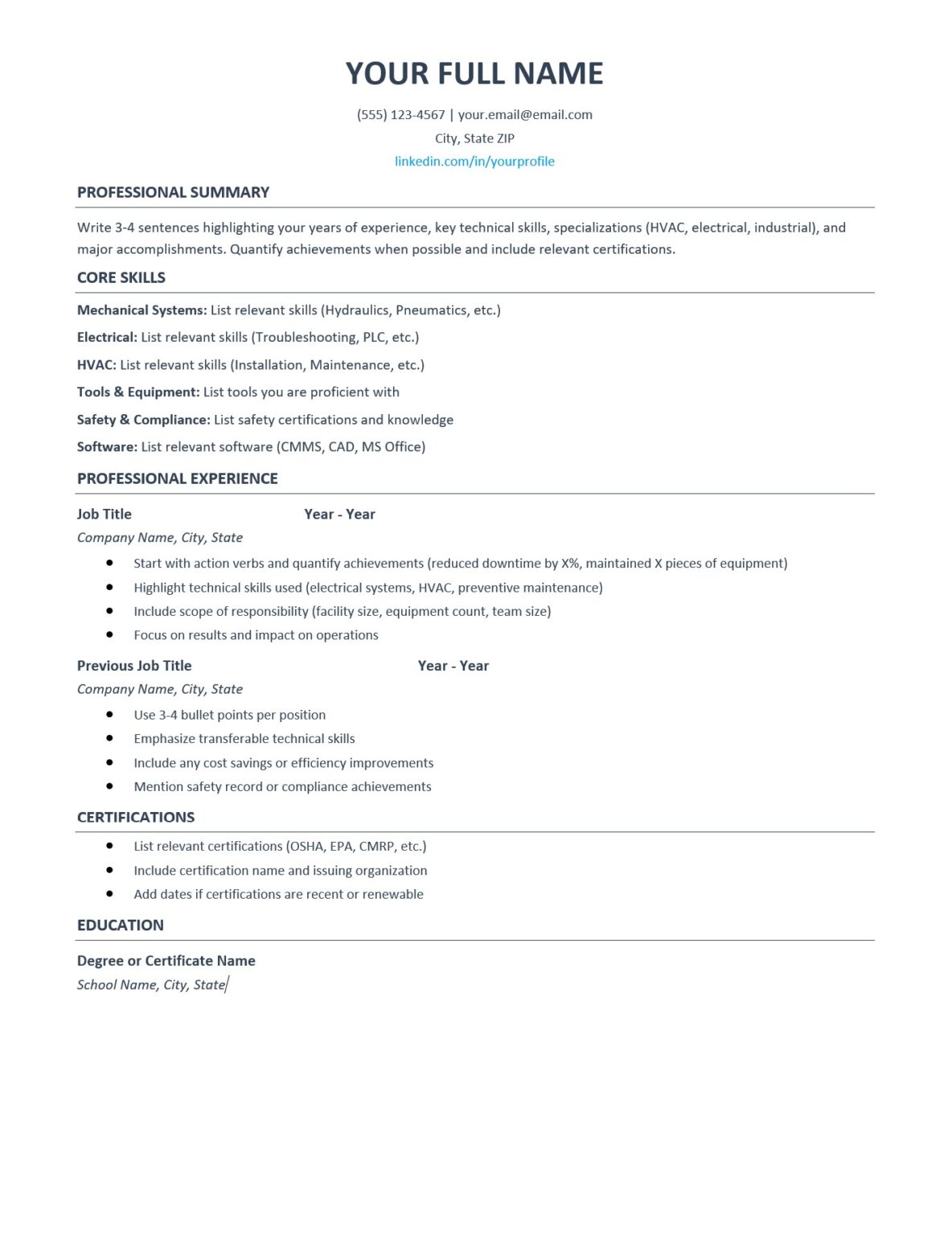 Free Maintenance Technician Resume Template: Examples & 2025 ATS ...