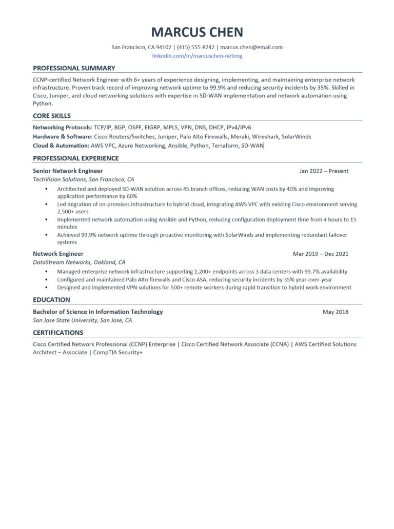 Free Network Engineer Resume Template: ATS Examples and Writing Guide ...
