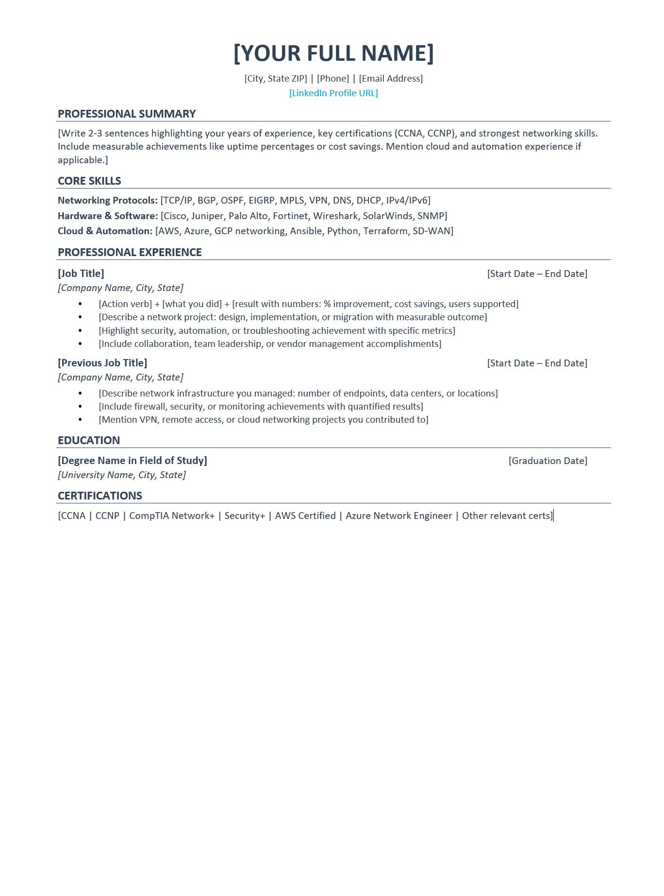 Free Network Engineer Resume Template: ATS Examples and Writing Guide ...