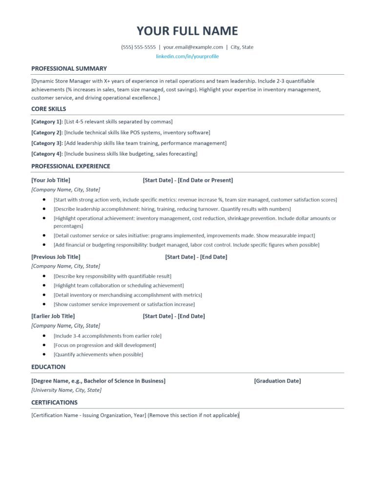 Free Store Manager Resume Template 2025: ATS Examples & Writing Guide ...
