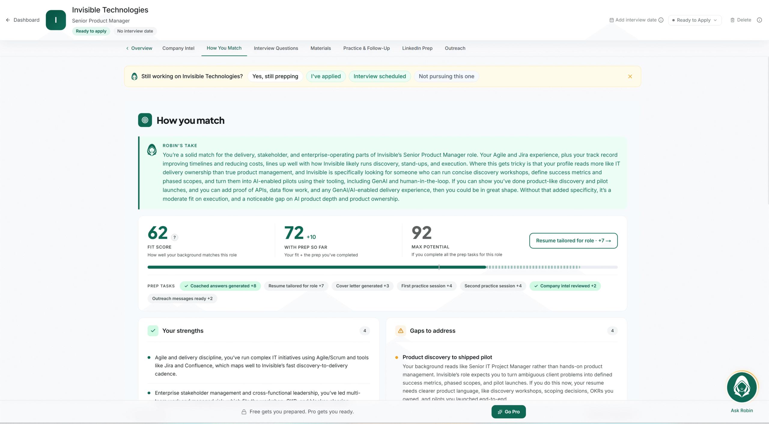 The How You Match panel showing a fit score of 62, 72 with prep so far, and 92 max potential, with prep tasks worth specific points