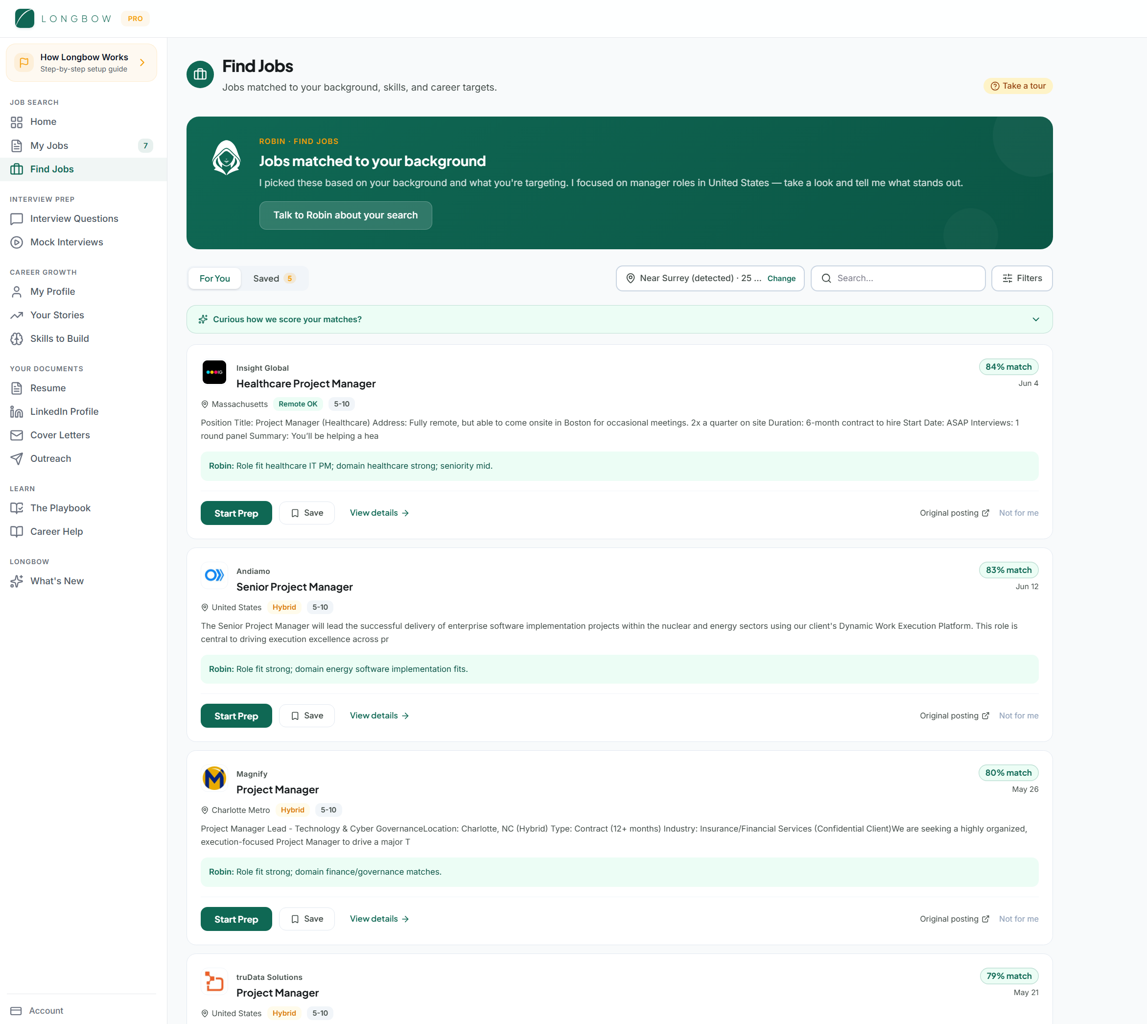 The Find Jobs feed showing match scores of 84, 83, 80 and 79 with a one-line reason for each