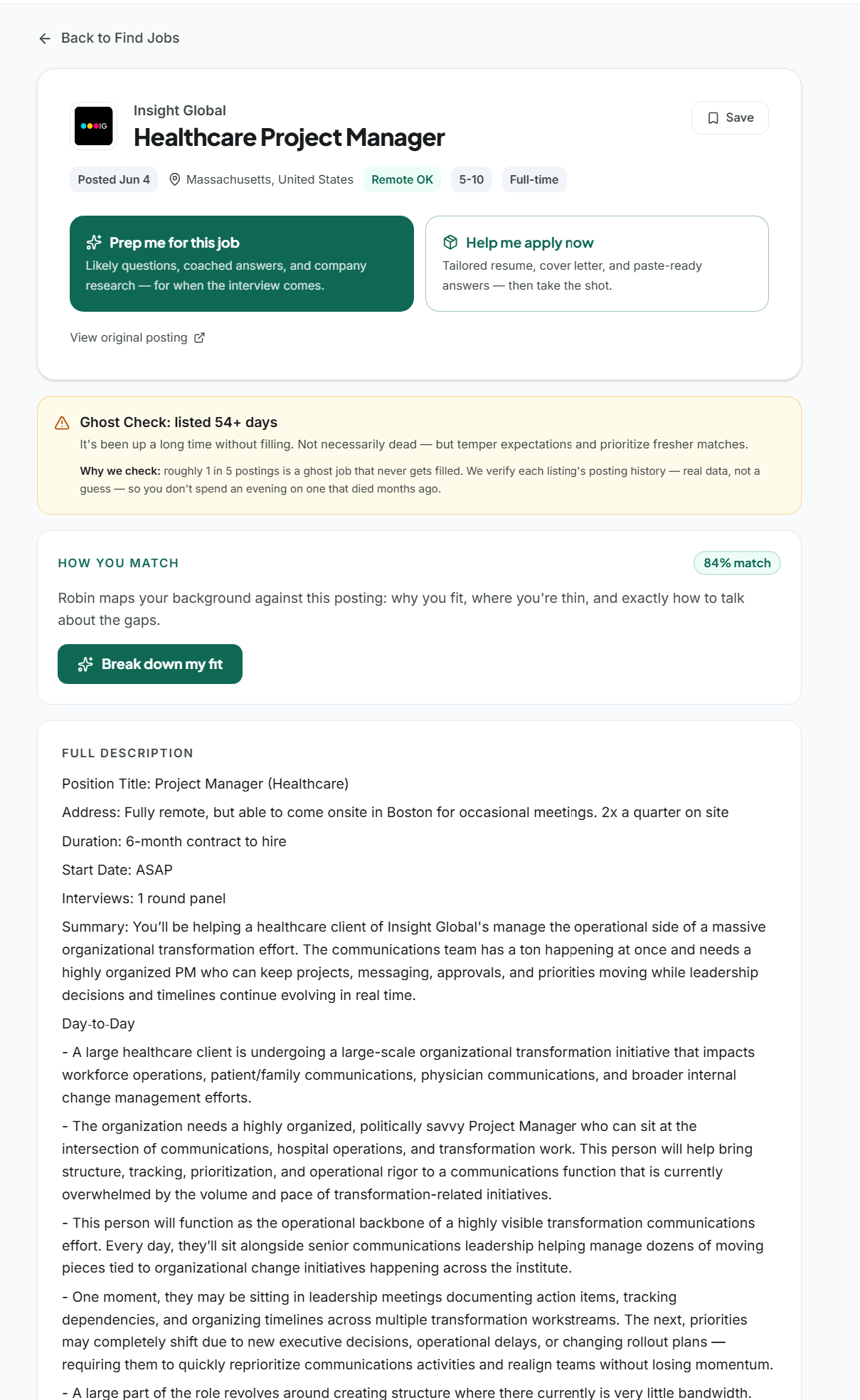 A job posting in Longbow with the Ghost Check warning showing it has been listed 54 or more days