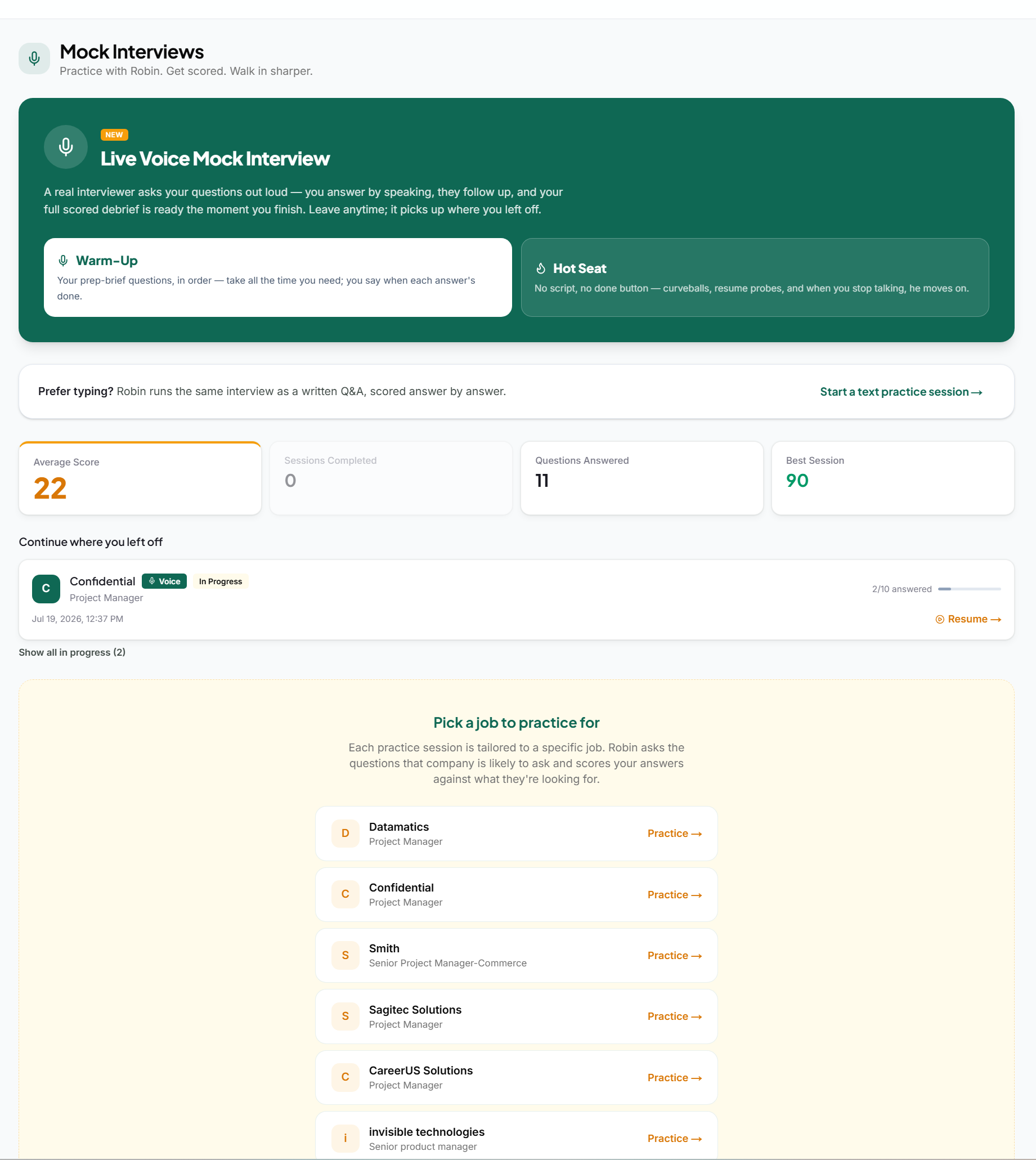 The Mock Interviews hub showing Warm-Up and Hot Seat modes and session stats