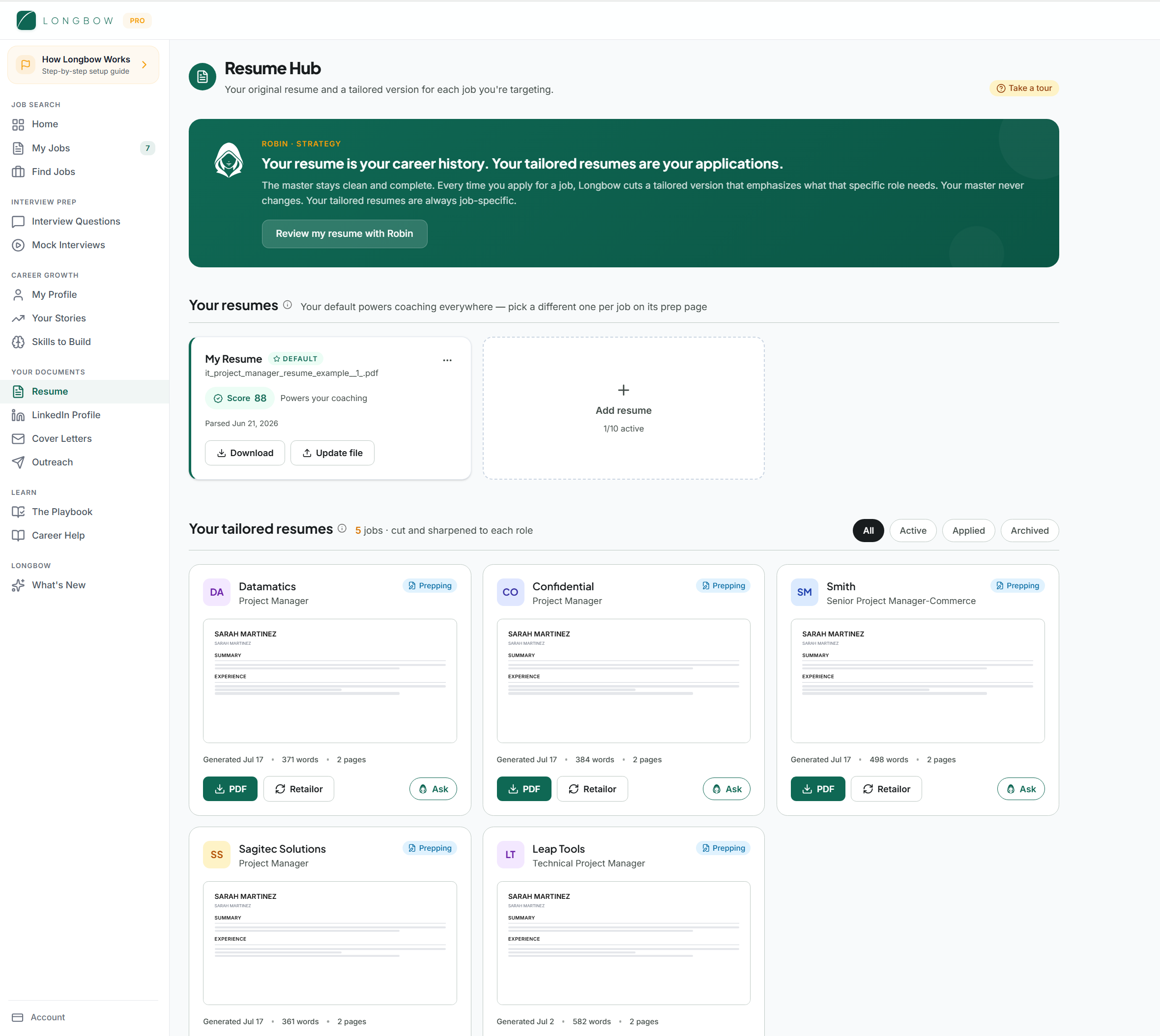 The Resume Hub showing a master resume with a score of 88 and five tailored versions for different jobs