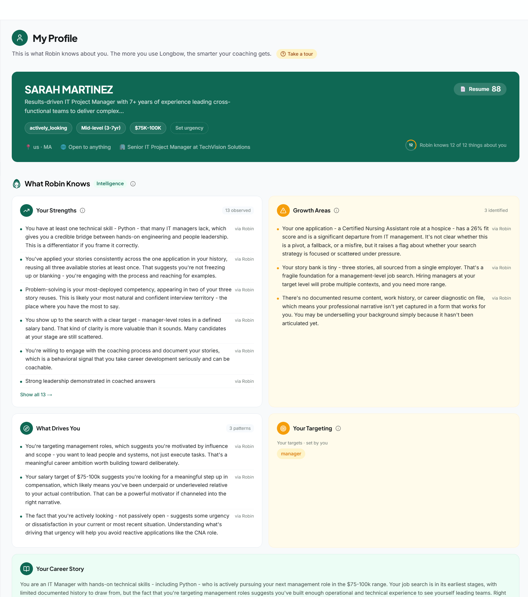 The My Profile page showing what Robin knows: strengths, growth areas, motivations and targeting